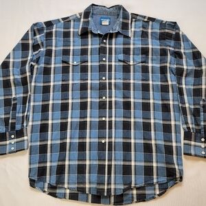 Wrangler Western Shirt Mens 2XL Pearl Snap Cowboy Blue Plaid Long Sleeve